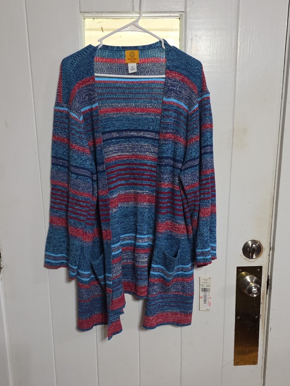 Ruby Rd. Woman Blue Multicolor Striped Open-Front Cardigan Pockets Stretch Sz 2X